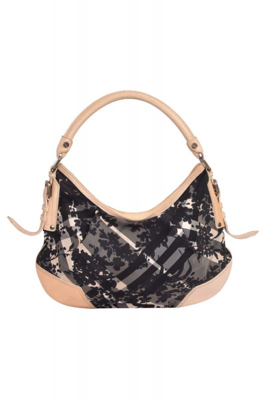 Burberry Black/Cream Floral Beat Check Nylon And Patent Leather Hobo Bag