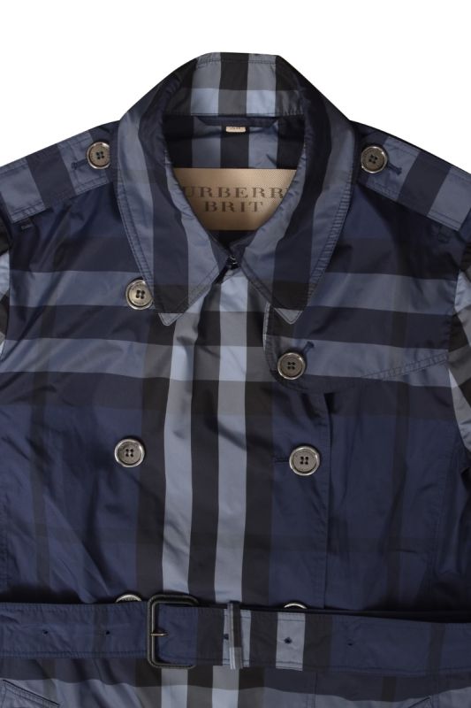 Burberry Brit Blue CheckeredDouble Breasted Trench Coat