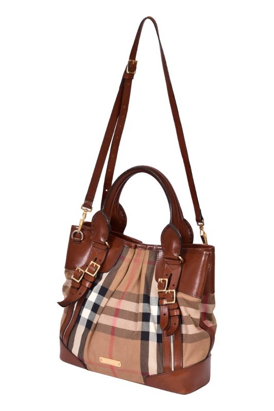 Burberry Brown House Check Fabric Bridle Whipstitch Tote