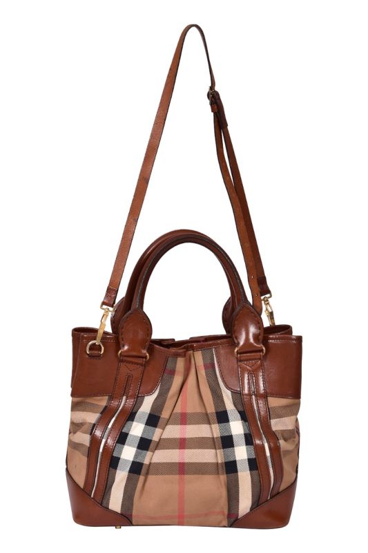 Burberry Brown House Check Fabric Bridle Whipstitch Tote