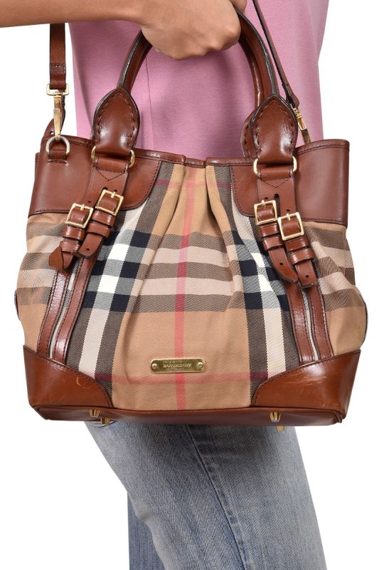 Burberry Brown House Check Fabric Bridle Whipstitch Tote