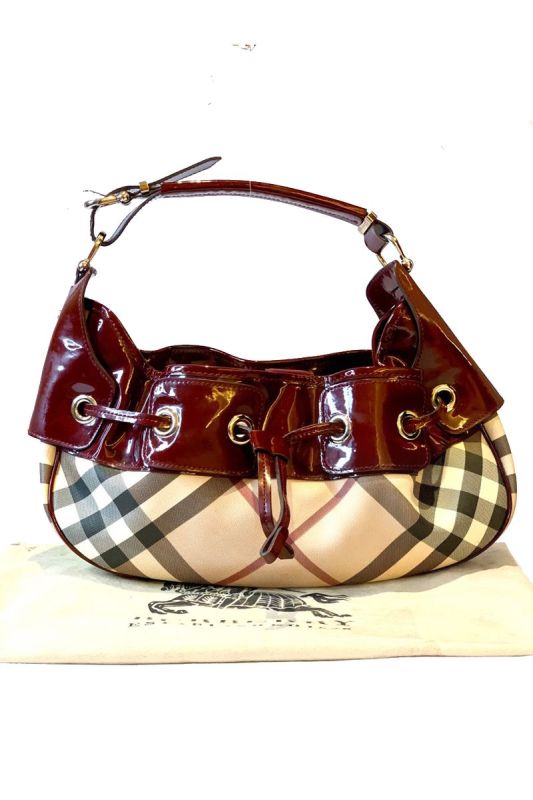 BURBERRY BURGUNDY NOVA CHECK PATENT LEATHER BAG BAG