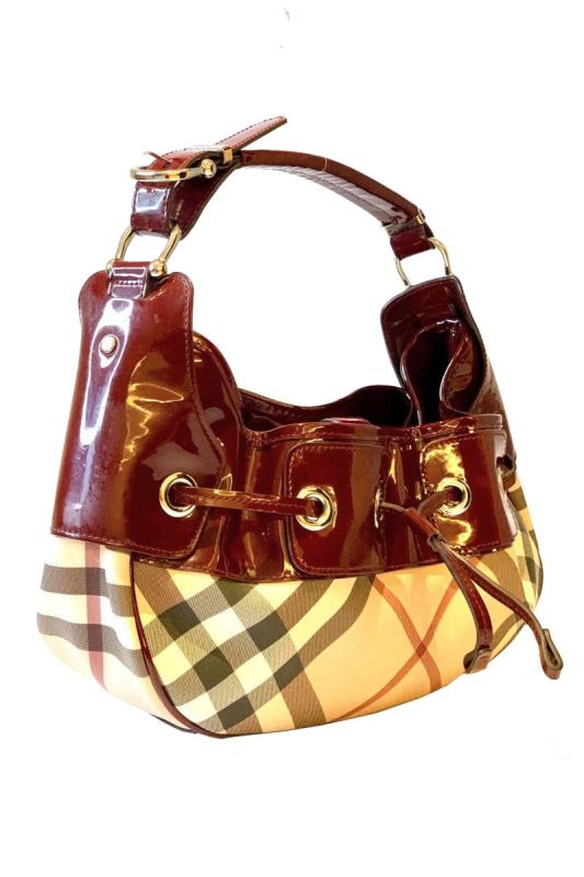 BURBERRY BURGUNDY NOVA CHECK PATENT LEATHER BAG BAG