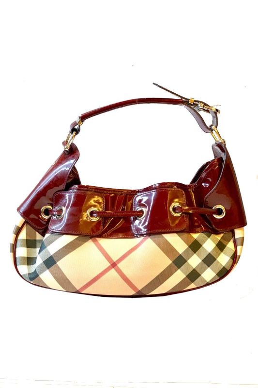 BURBERRY BURGUNDY NOVA CHECK PATENT LEATHER BAG BAG