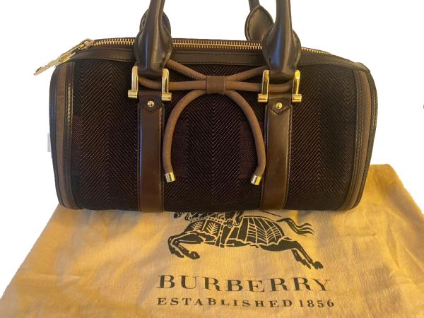 Burberry Prorsum Plum Check Jacquard Tweed Barrel Bag
