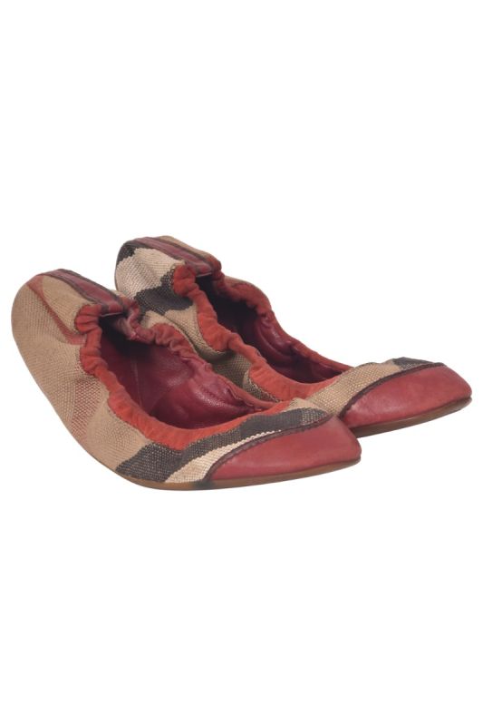 Burberry Red Leather and Nova Check Leather Ballerinas