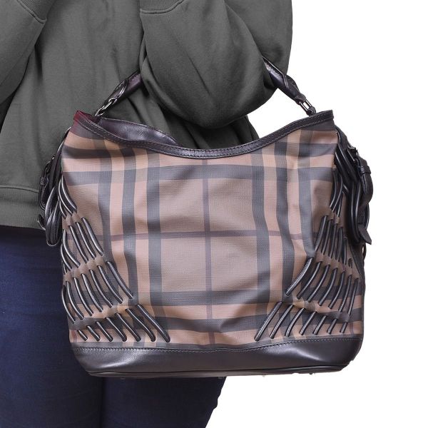 BURBERRY SMOKED CHECKS CABLE KNOTS HOBO BAG