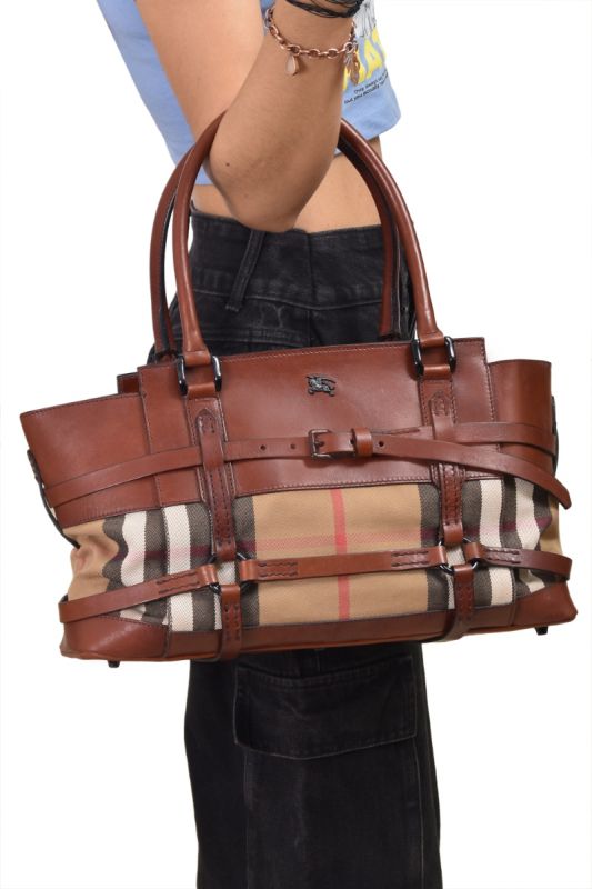 Burberry Tan Bridle House Check Canvas Leather Handbag