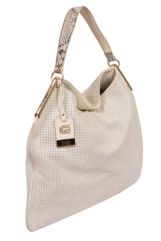 Cavalli Class White Perforated Leather Hobo Bag