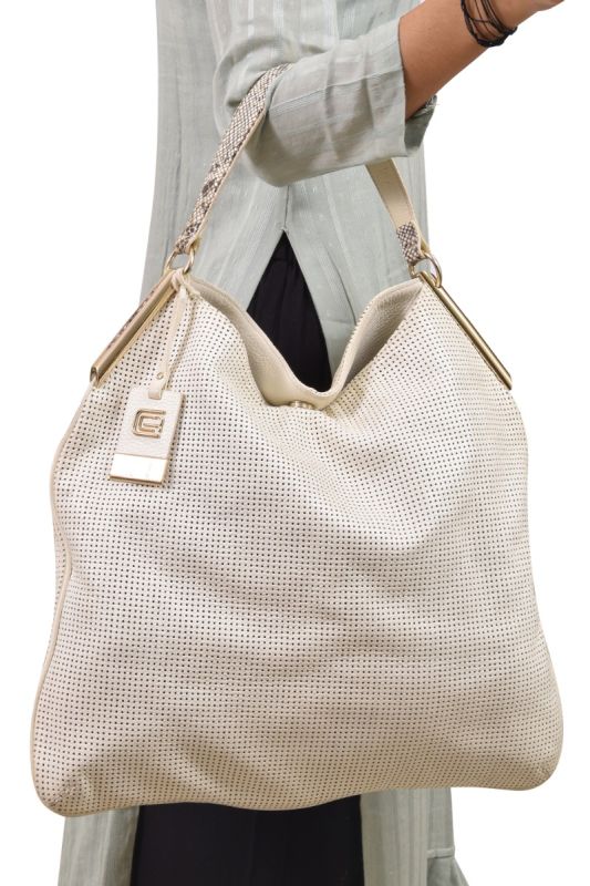 Cavalli Class White Perforated Leather Hobo Bag