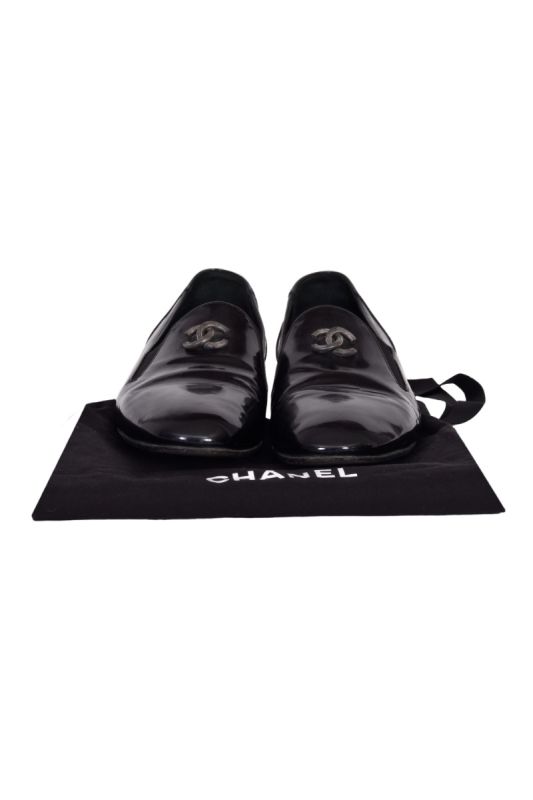Chanel Black Patent Leather CC Smoking Loafers