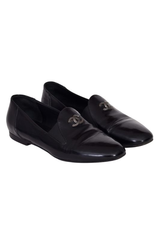 Chanel Black Patent Leather CC Smoking Loafers