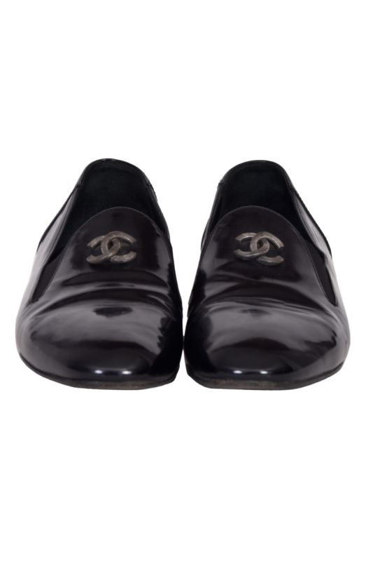 Chanel Black Patent Leather CC Smoking Loafers