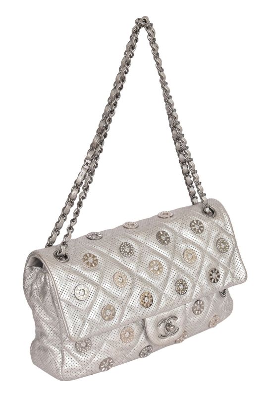 Chanel Paris-Dubai Medals Embellished Quilted Perforated Lambskin Silver Flap HandBag