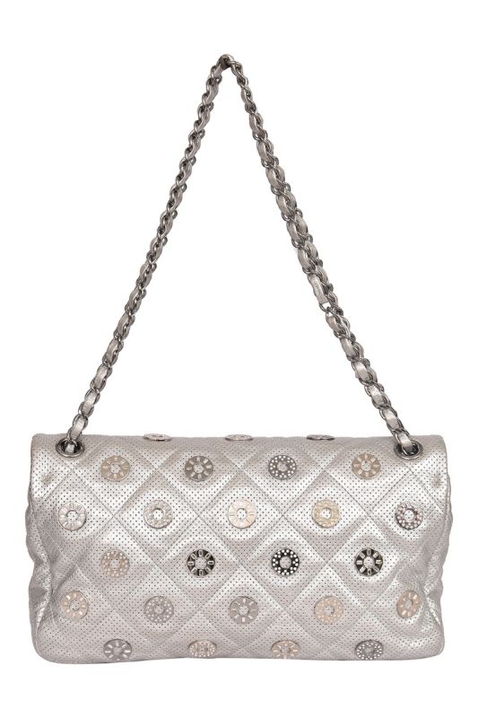Chanel Paris-Dubai Medals Embellished Quilted Perforated Lambskin Silver Flap HandBag