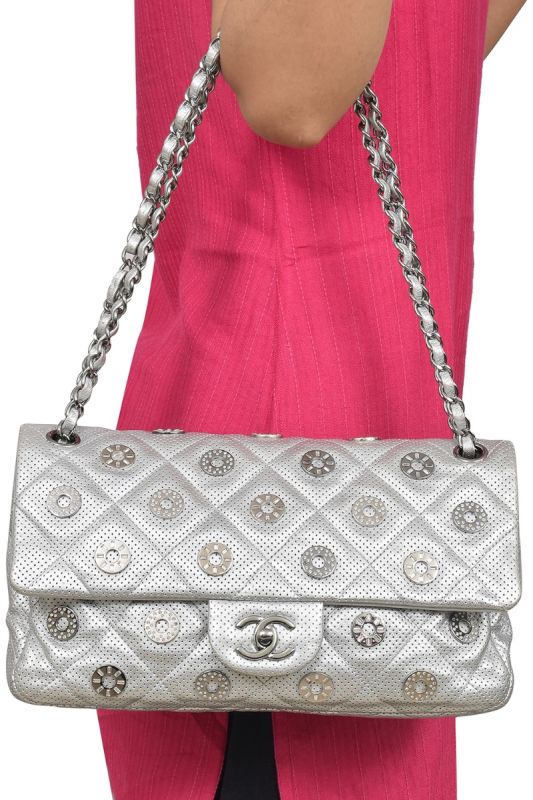 Chanel Paris-Dubai Medals Embellished Quilted Perforated Lambskin Silver Flap HandBag