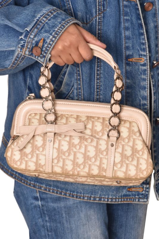 Christian Dior Beige Monogram Trotter Romantic Ribbon Chain Bag