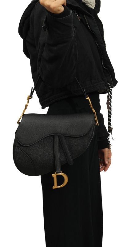 Christian Dior Black Grained Saddle BAG