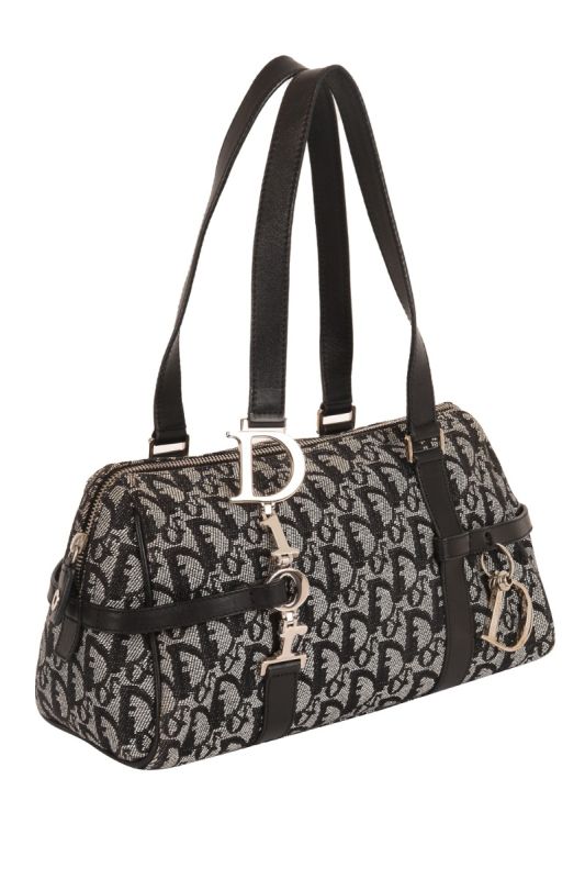 CHRISTIAN DIOR BLACK TROTTER CHARM OBLIQUE SIGNATURE BOSTON BAG