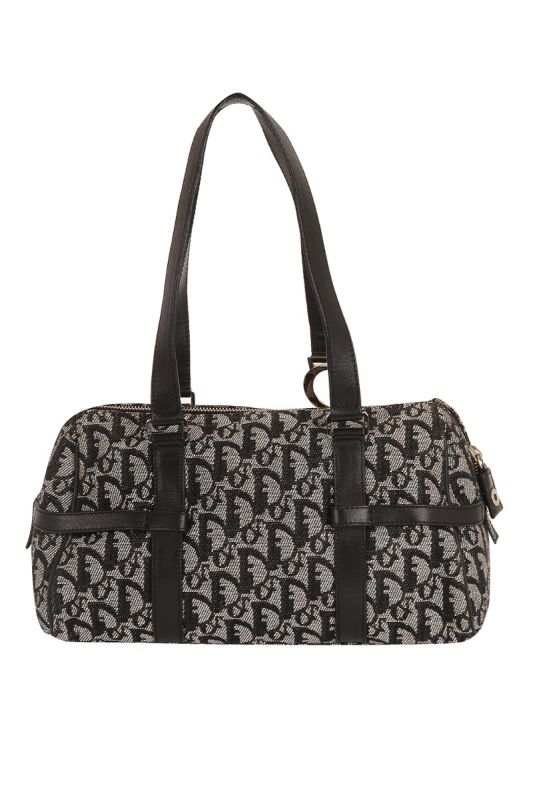 CHRISTIAN DIOR BLACK TROTTER CHARM OBLIQUE SIGNATURE BOSTON BAG