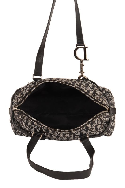 CHRISTIAN DIOR BLACK TROTTER CHARM OBLIQUE SIGNATURE BOSTON BAG
