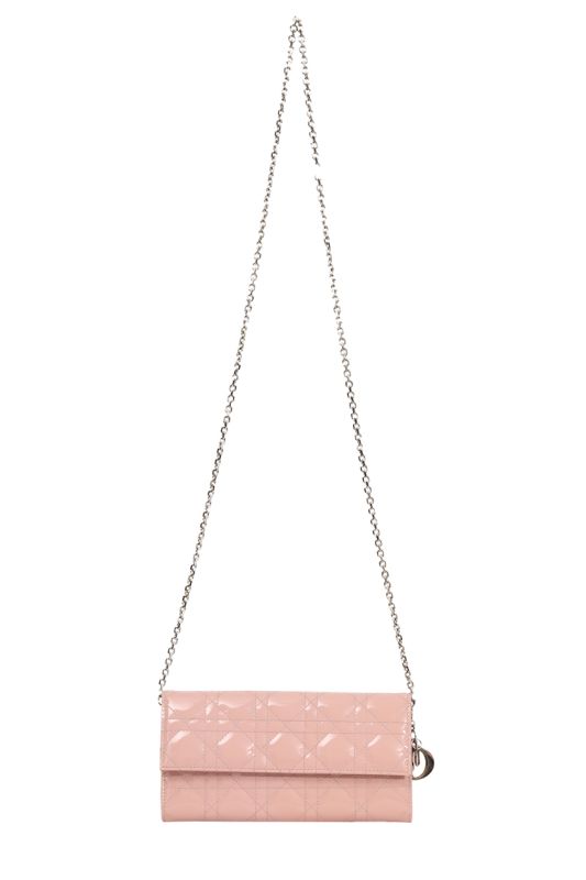 Christian Dior Blush Pink Cannage Patent Lady Dior Wallet On Chain