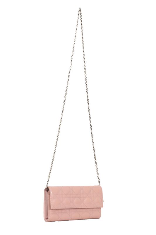 Christian Dior Blush Pink Cannage Patent Lady Dior Wallet On Chain