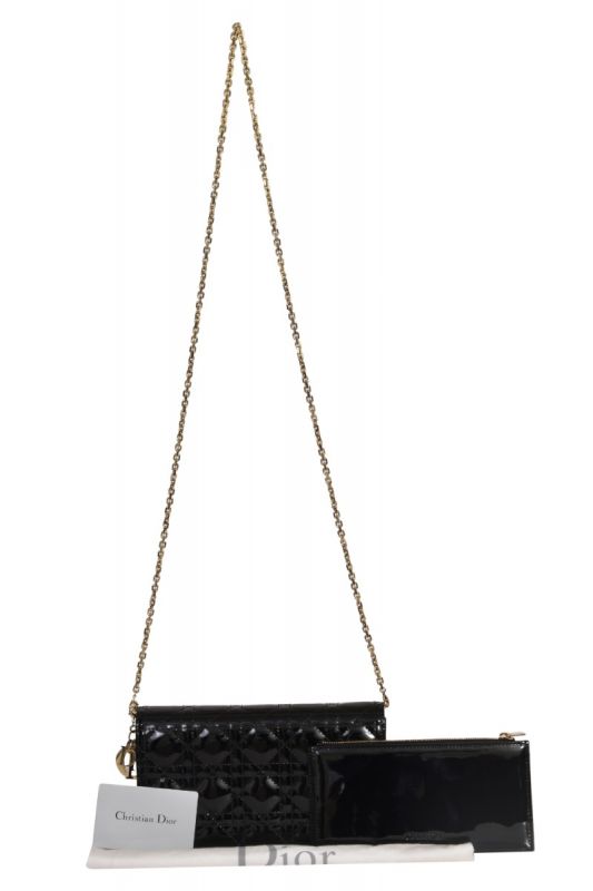 Christian Dior Lady Dior Cannage Black Patent Pouch on Chain