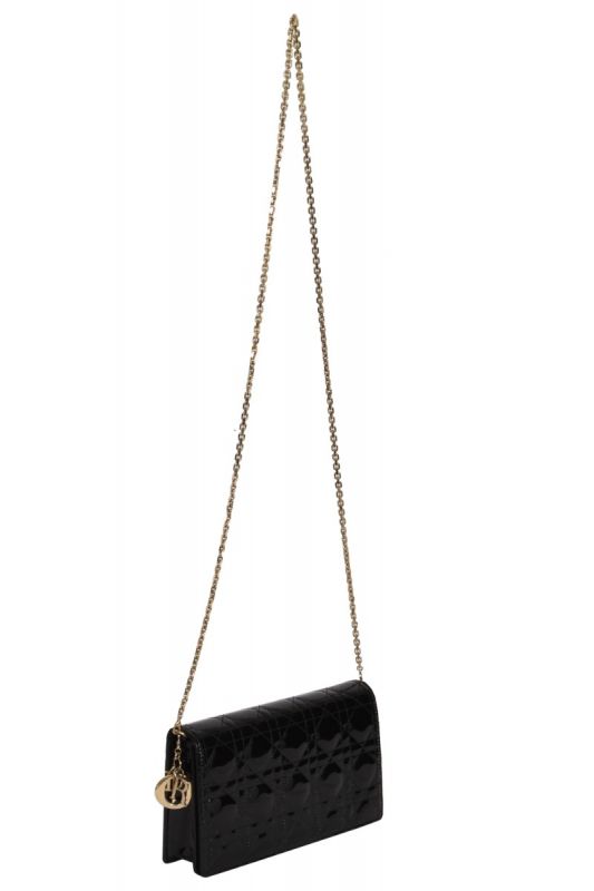Christian Dior Lady Dior Cannage Black Patent Pouch on Chain