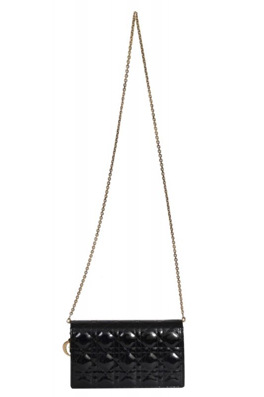 Christian Dior Lady Dior Cannage Black Patent Pouch on Chain