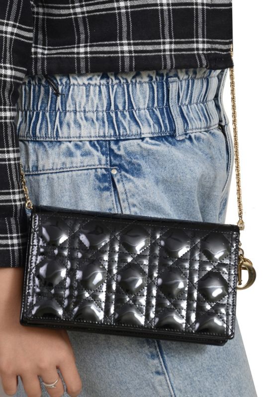 Christian Dior Lady Dior Cannage Black Patent Pouch on Chain