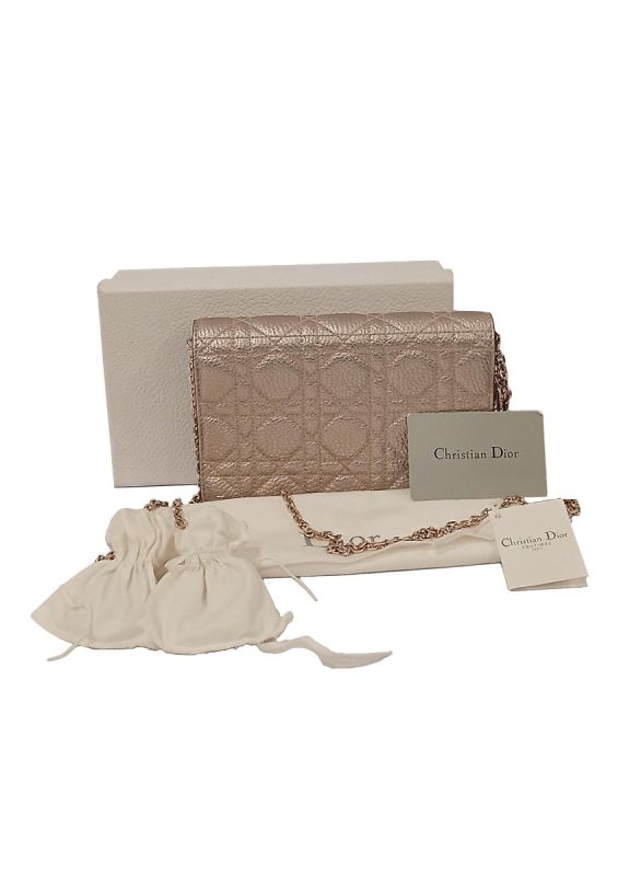 Christian Dior Lady Dior Shimmering Cannage Leather Wallet On Chain