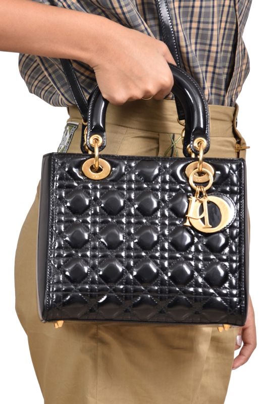 Christian Dior Medium Black Patent Leather Lady Dior Bag