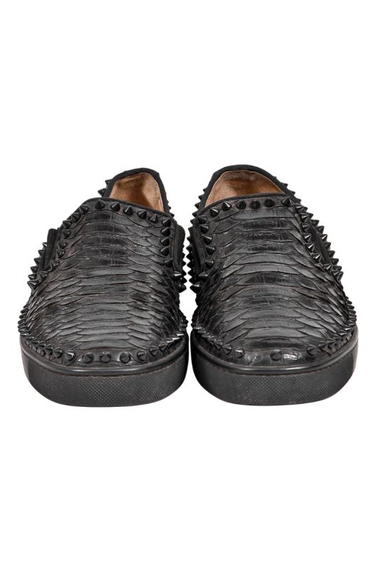 Christian Louboutin Black Python Leather Spike Pik Boat Slip On Sneakers Sneakers