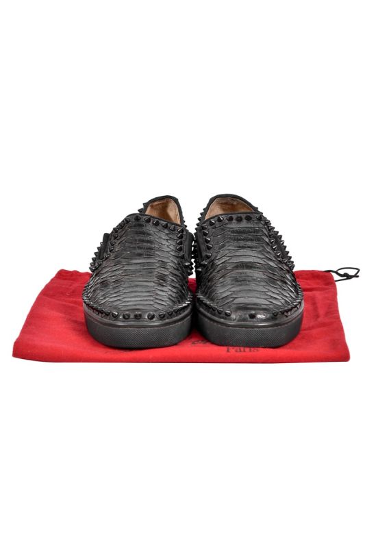 Christian Louboutin Black Python Leather Spike Pik Boat Slip On Sneakers Sneakers