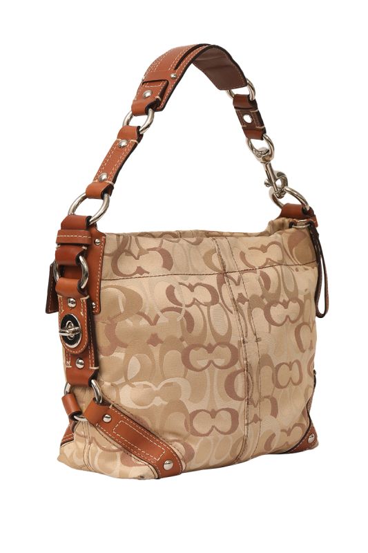 COACH BEIGE CANVAS AND LEATHER CARLY HOBO BAG