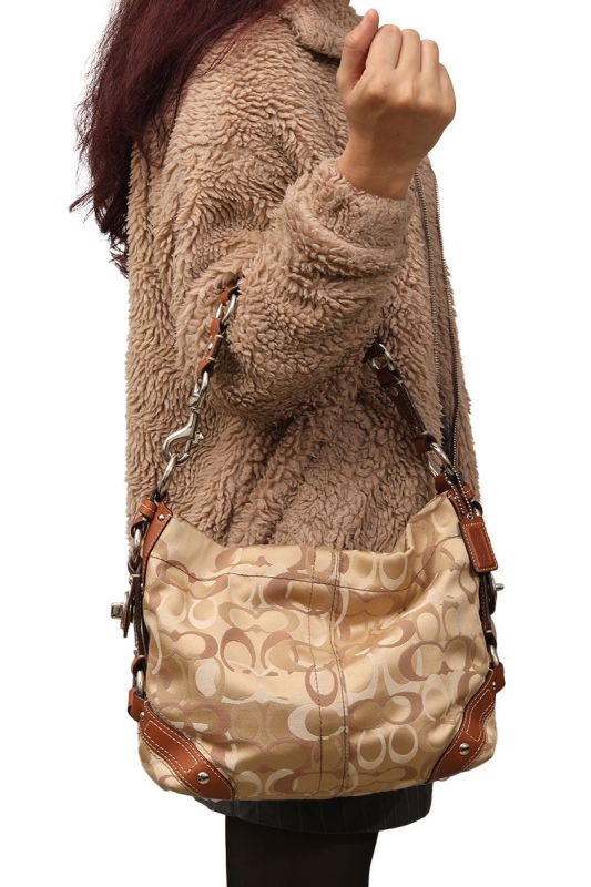 COACH BEIGE CANVAS AND LEATHER CARLY HOBO BAG