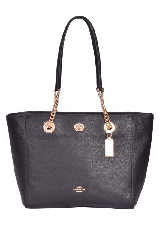 Coach Black Polished Pebble Turnlock Chain Tote Bag