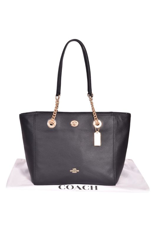 Coach Black Polished Pebble Turnlock Chain Tote Bag