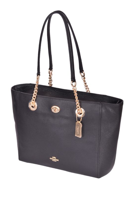 Coach Black Polished Pebble Turnlock Chain Tote Bag