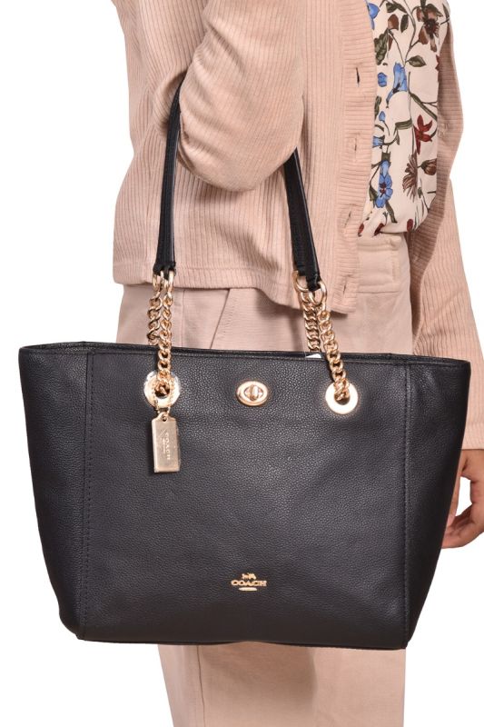 Coach Black Polished Pebble Turnlock Chain Tote Bag