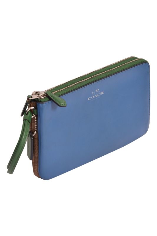 Coach Blue/Green Leather Double Zip Wristlet
