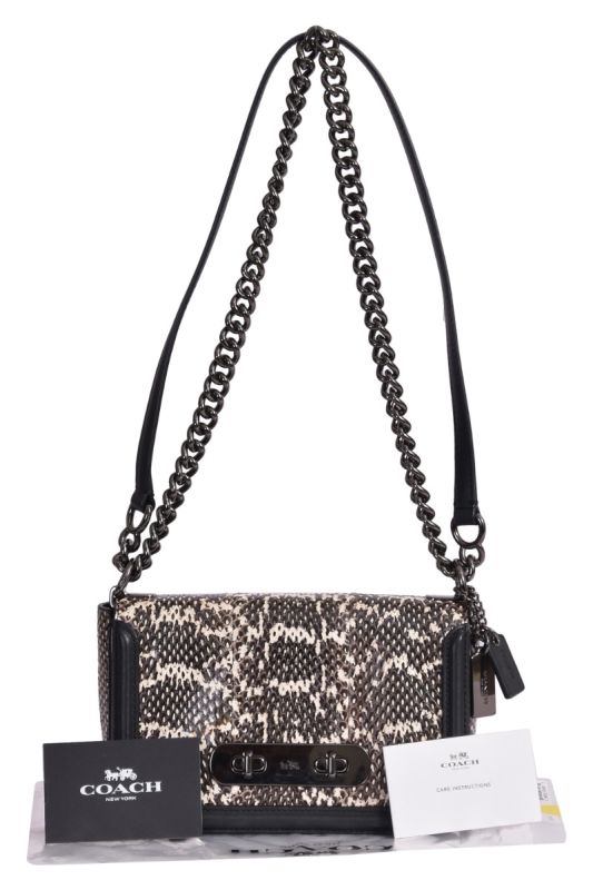 Coach Leather Snakeskin Swagger 20 Turnlock Chalk Blach Shoulder Bag