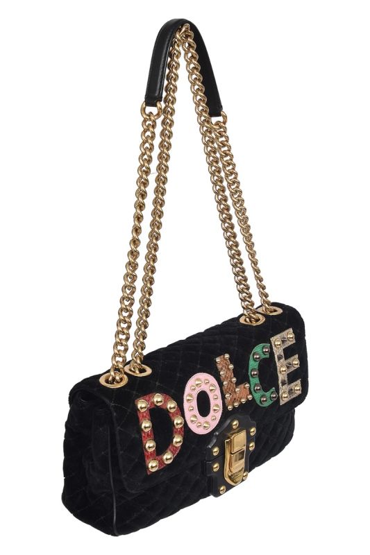 Dolce & Gabbana Black Quilted Velvet Lucia Embellished Shoulder Bag
