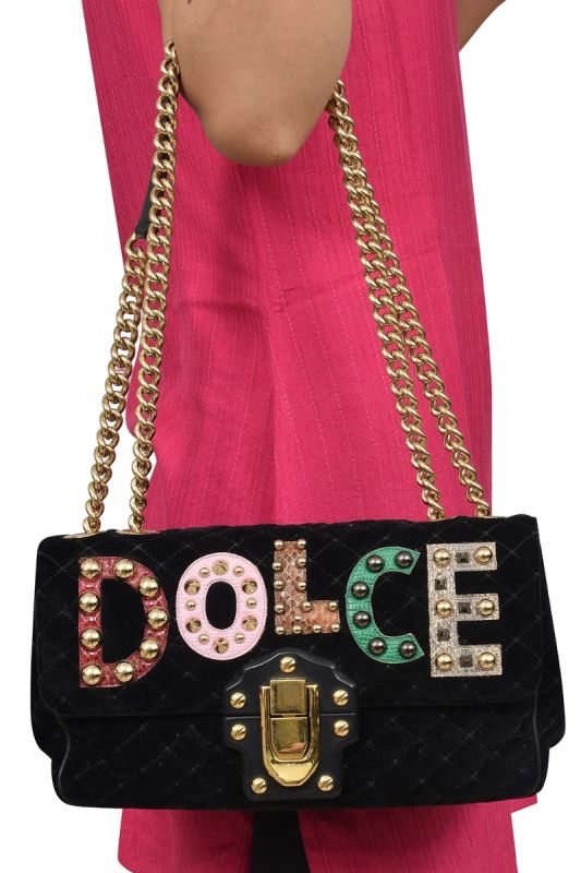 Dolce & Gabbana Black Quilted Velvet Lucia Embellished Shoulder Bag