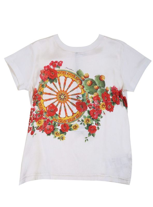 DOLCE & GABBANA WHITE SATIN SILK FLORAL T SHIRT