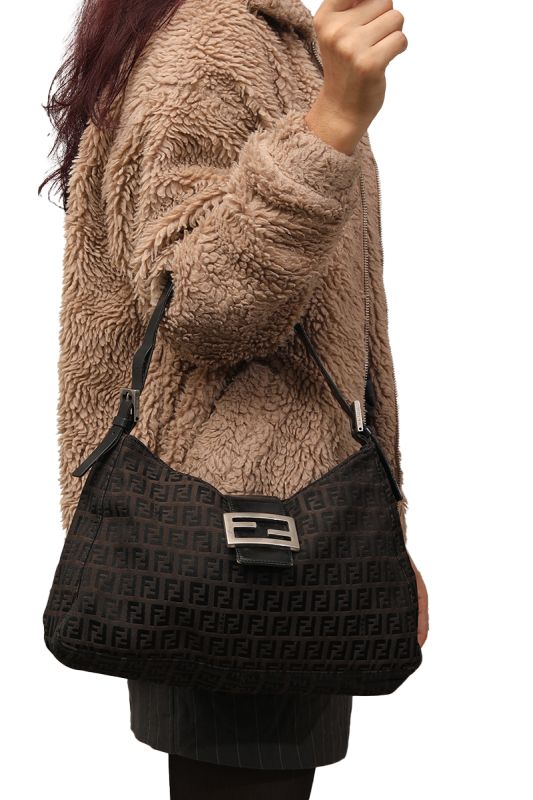 FENDI BLACK BROWN ZUCCHINO CANVAS SHOULDER BAG