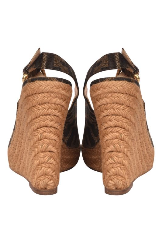 Fendi Brown Zucca Canvas Espadrille Wedge Slingbacks