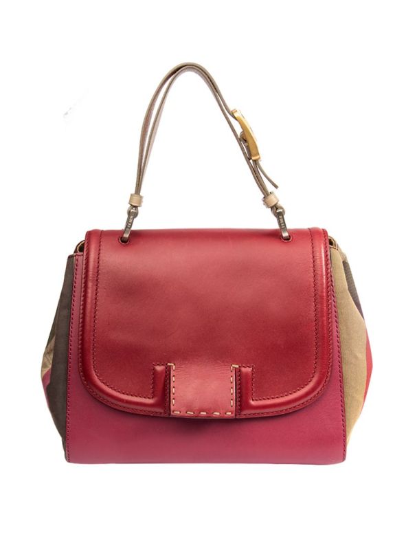 FENDI BURGUNDY/TOBACCO LEATHER PEQUIN CANVAS SILVANA TOP HANDLE BAG