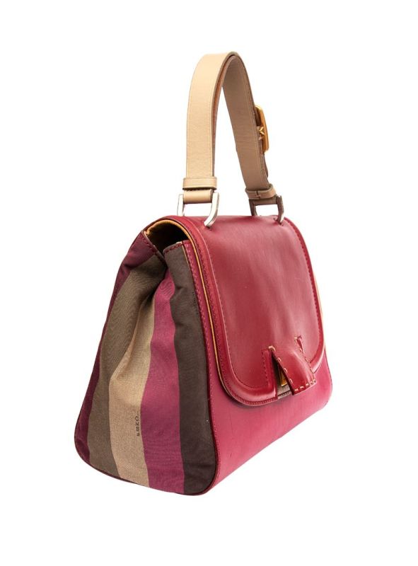 FENDI BURGUNDY/TOBACCO LEATHER PEQUIN CANVAS SILVANA TOP HANDLE BAG